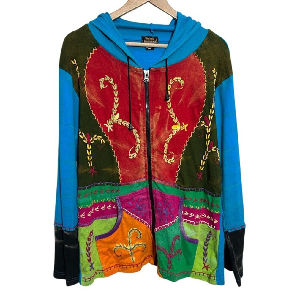 Rising International Patchwork Zip Up Hoodie Women 1X Festival Boho Hippie